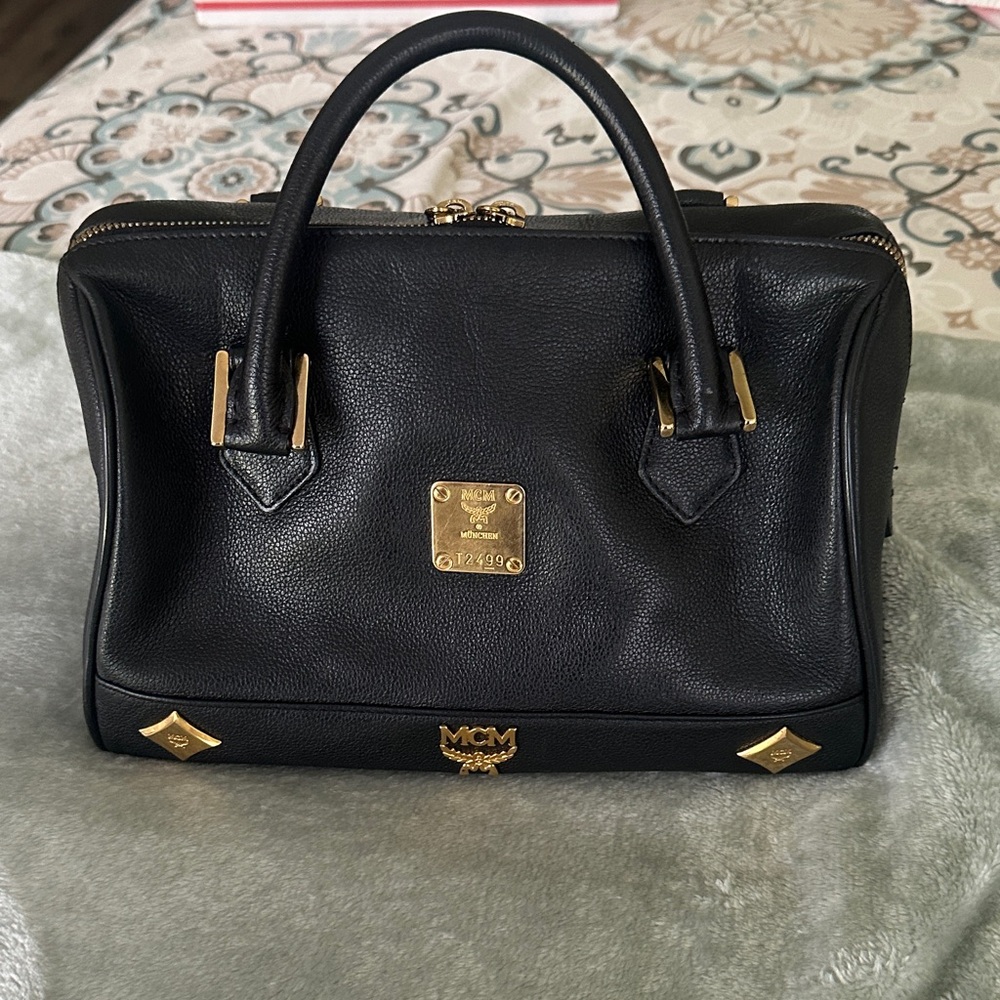 MCM Black Satchel with Gold Accents
